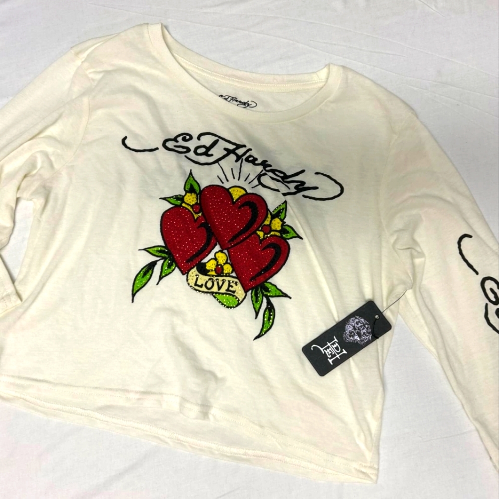 Ed Hardy Rhinstone Long Sleeve Hearts Baby Tee